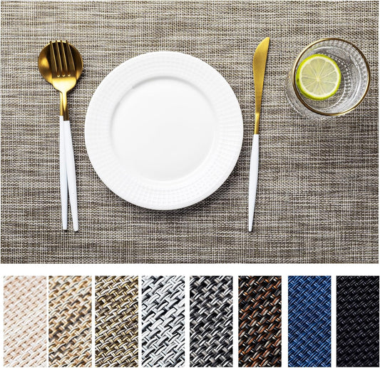 LEXMORE PlaceMats Set of 12 Vinyl/Plastic Woven Place Mats for Kitchen Table Indoor/Outdoor Washable PlaceMat Wipeable Dining Table Mats(Cappuccino)