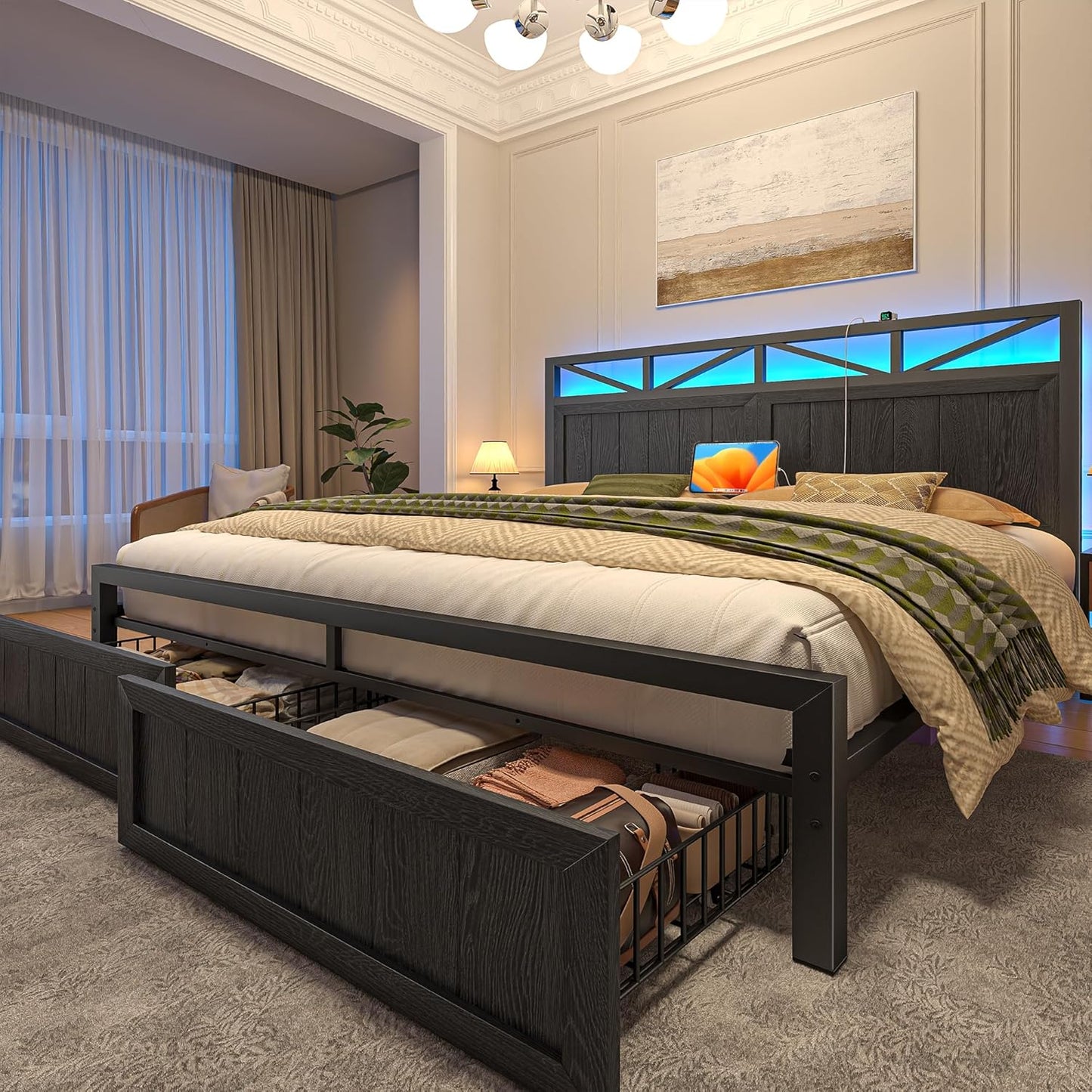 EnHomee King Bed Frame Metal with 2 Storage Drawers, Wooden Headboard with LED Lighting & Charging Station, Bedroom, Apartment, Guest Room, Farmhouse, Black