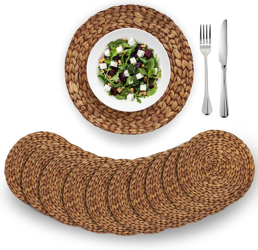 BARIEN Brown Woven Placemats Round Set of 10, Natural Water Hyacinth Weave Placemat for Dining Table, Large Handmade Woven Placemats Heat Resistant Non-Slip (14")