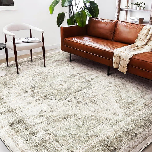 Washable Area Rug 9'x12' Retro Floral Khaki Boho Design Non-Shedding Easy Care Ideal for High Traffic Areas in Living Room Bedroom Office Coffee Table Kitchen Large Carpet