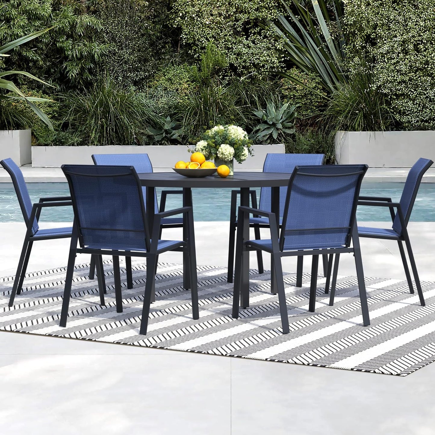 7 Piece Outdoor Dining Set, Patio Table and Chairs Set of 6, 47" Black Round Patio Table with 6 Blue Stackable Patio Chairs for Lawn, Garden, Porch