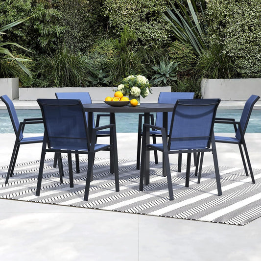 7 Piece Outdoor Dining Set, Patio Table and Chairs Set of 6, 47" Black Round Patio Table with 6 Blue Stackable Patio Chairs for Lawn, Garden, Porch