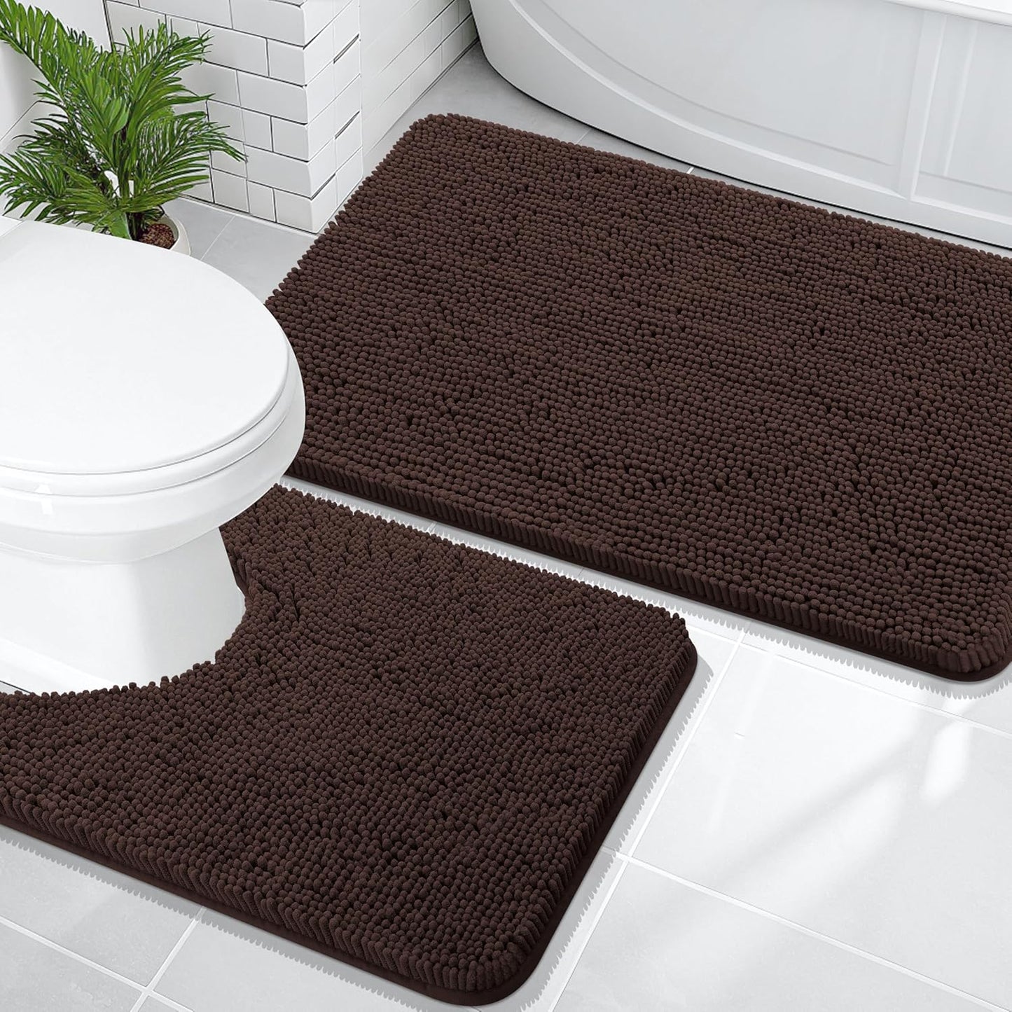 OLANLY Bathroom Rugs Sets 2 Piece, Soft Absorbent Chenille Bath Mats and U-Shaped Contour Toilet Mat Area Rug Set, Machine Washable Bath Carpet, Home Decor Accessories(36"x24"+24"x20", Brown)
