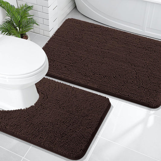 OLANLY Bathroom Rugs Sets 2 Piece, Soft Absorbent Chenille Bath Mats and U-Shaped Contour Toilet Mat Area Rug Set, Machine Washable Bath Carpet, Home Decor Accessories(36"x24"+24"x20", Brown)