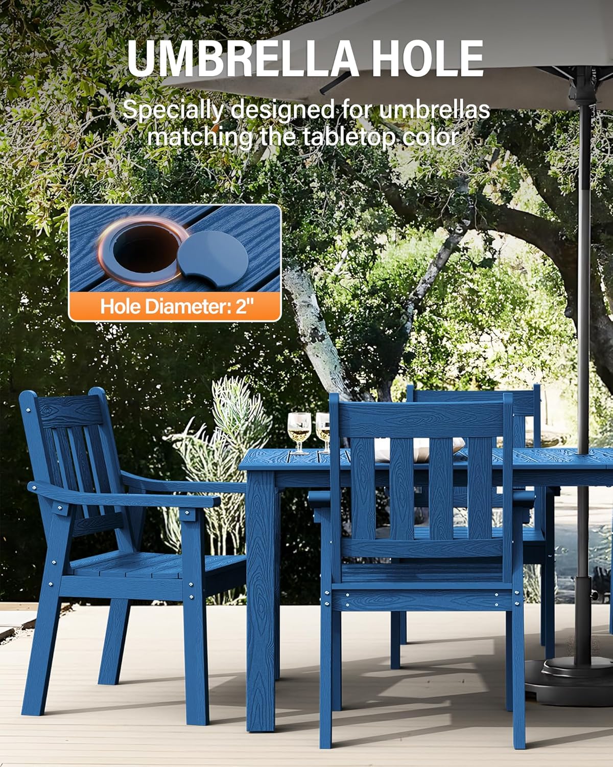 YEFU HIPS Patio Table Set: 7 Piece Outdoor Table and Chairs Dining Furniture Set with Umbrella Hole - Blue Modern Plastic Dining Sets 6 Person for Outside Deck with Metal Aluminum Frame