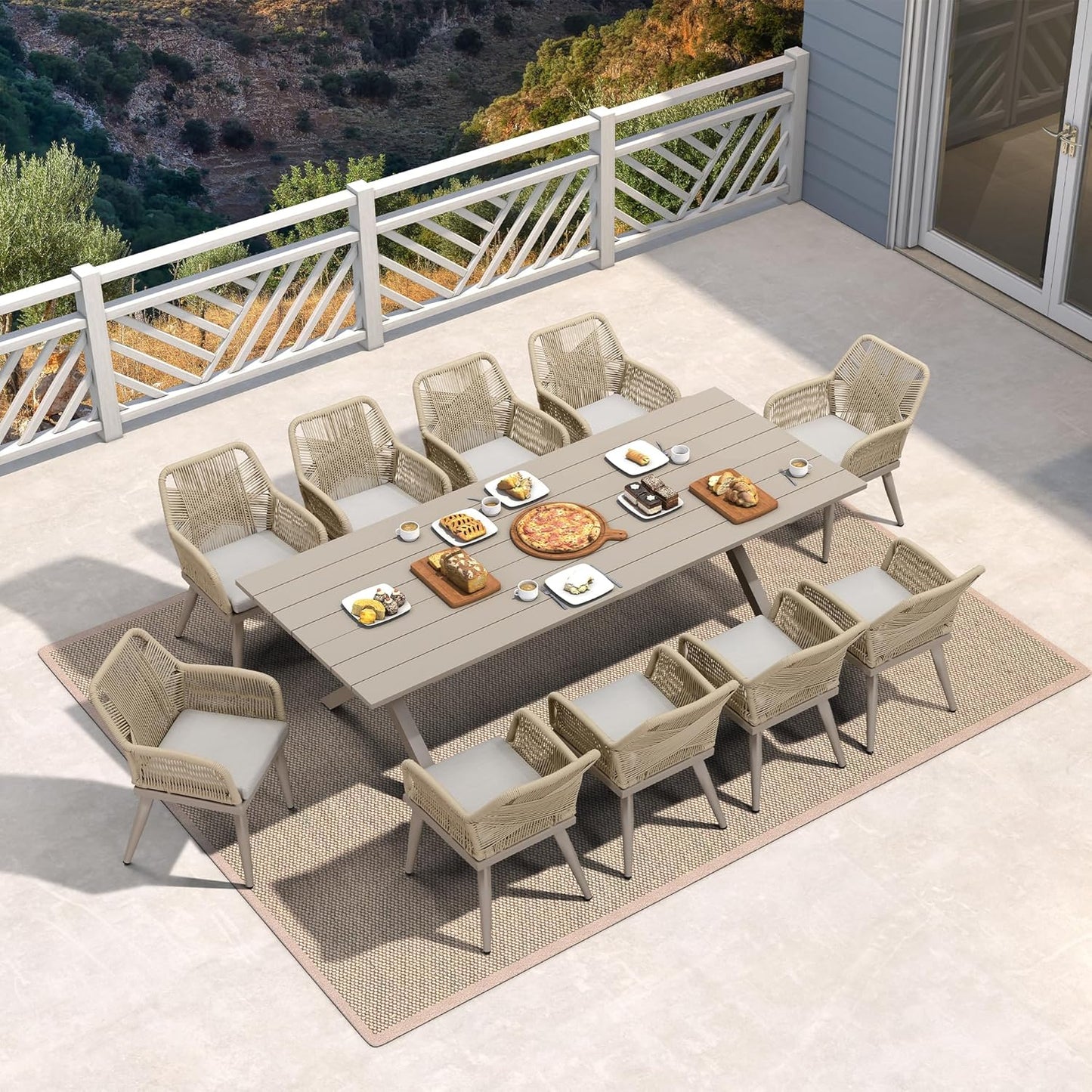 PURPLE LEAF 11 Pieces Outdoor Dining Set All-Weather PE Rattan Outdoor Patio Furniture Set with All Aluminum Frame Rectangular Table and Chairs Set for Lawn Garden Backyard Deck, Champagne