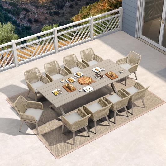PURPLE LEAF 11 Pieces Outdoor Dining Set All-Weather PE Rattan Outdoor Patio Furniture Set with All Aluminum Frame Rectangular Table and Chairs Set for Lawn Garden Backyard Deck, Champagne