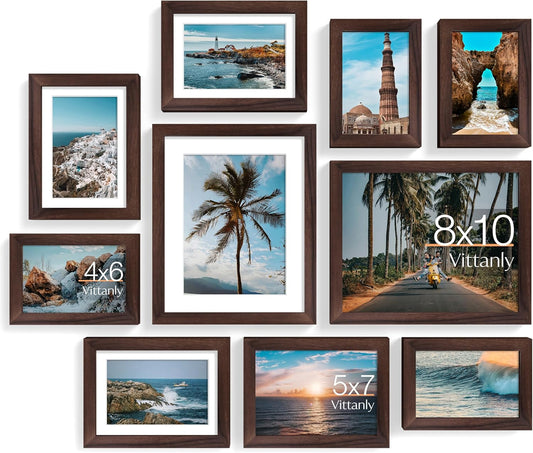 Vittanly 10 Pack Picture Frames Collage Wall Decor, Gallery Frame Set for Wall Mounting or Tabletop Display, Multi Sizes Including 2pcs 8x10, 4pcs 5x7, 4pcs 4x6, Light Brown
