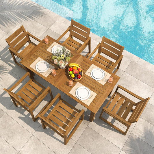 Patio Furniture Dining Set, 7-Piece, HDPS, Teak Color-Oil Printed, All Weather Outdoor Table and Chairs, Modern Design, Low Maintenance, Easy to Assemble