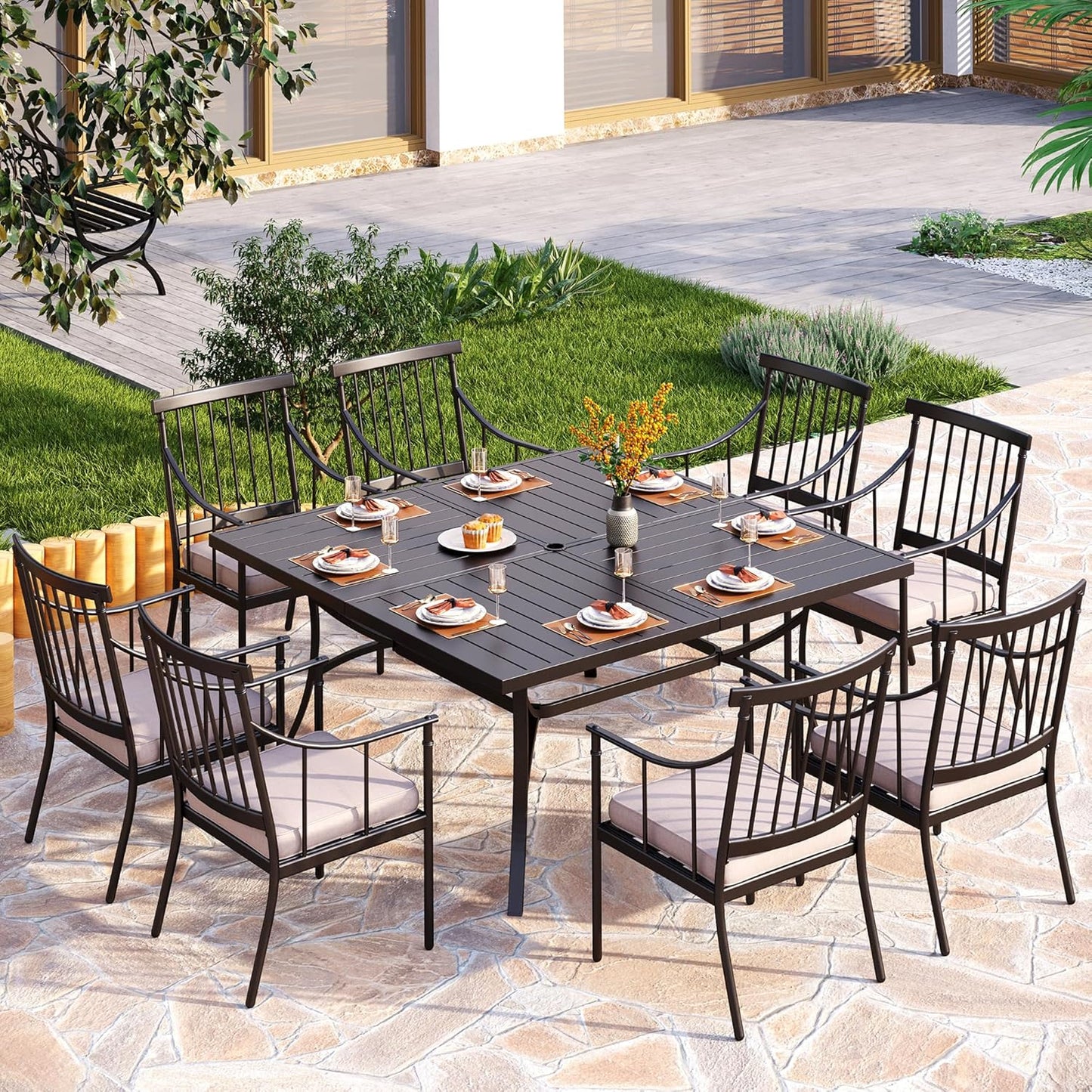 PHI VILLA 9 Pieces Outdoor Dining Set for 8, 60” Square Wrought Iron Dining Table & Heavy-Duty Steel Chairs with Cushions, Large Dining Furniture Set for Patio, Deck, Yard, Porch