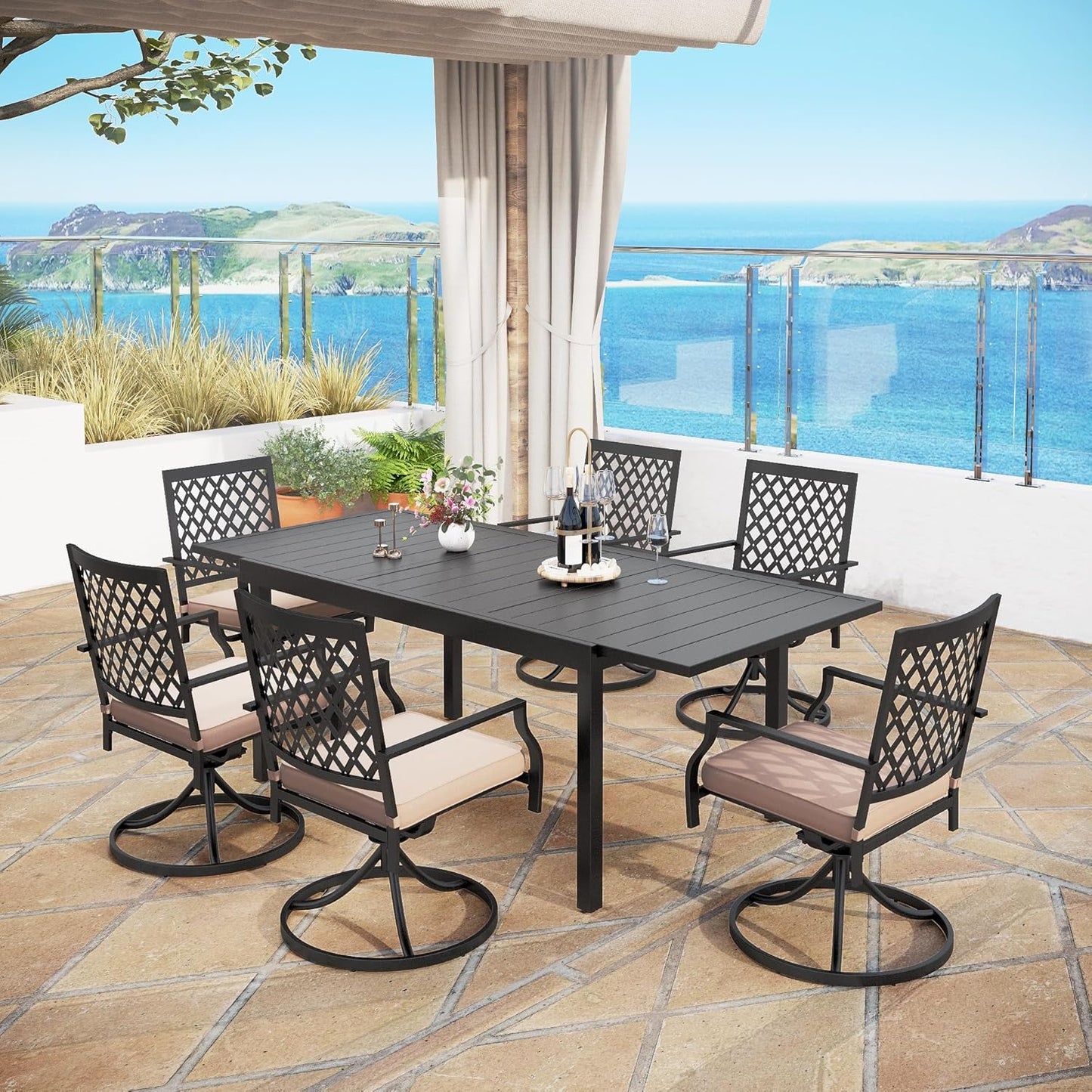 MFSTUDIO Patio Dining Set for 6, Metal Patio Table and Chairs Set, 7 Piece Outdoor Dining Set with Expandable Table and Swivel Chairs