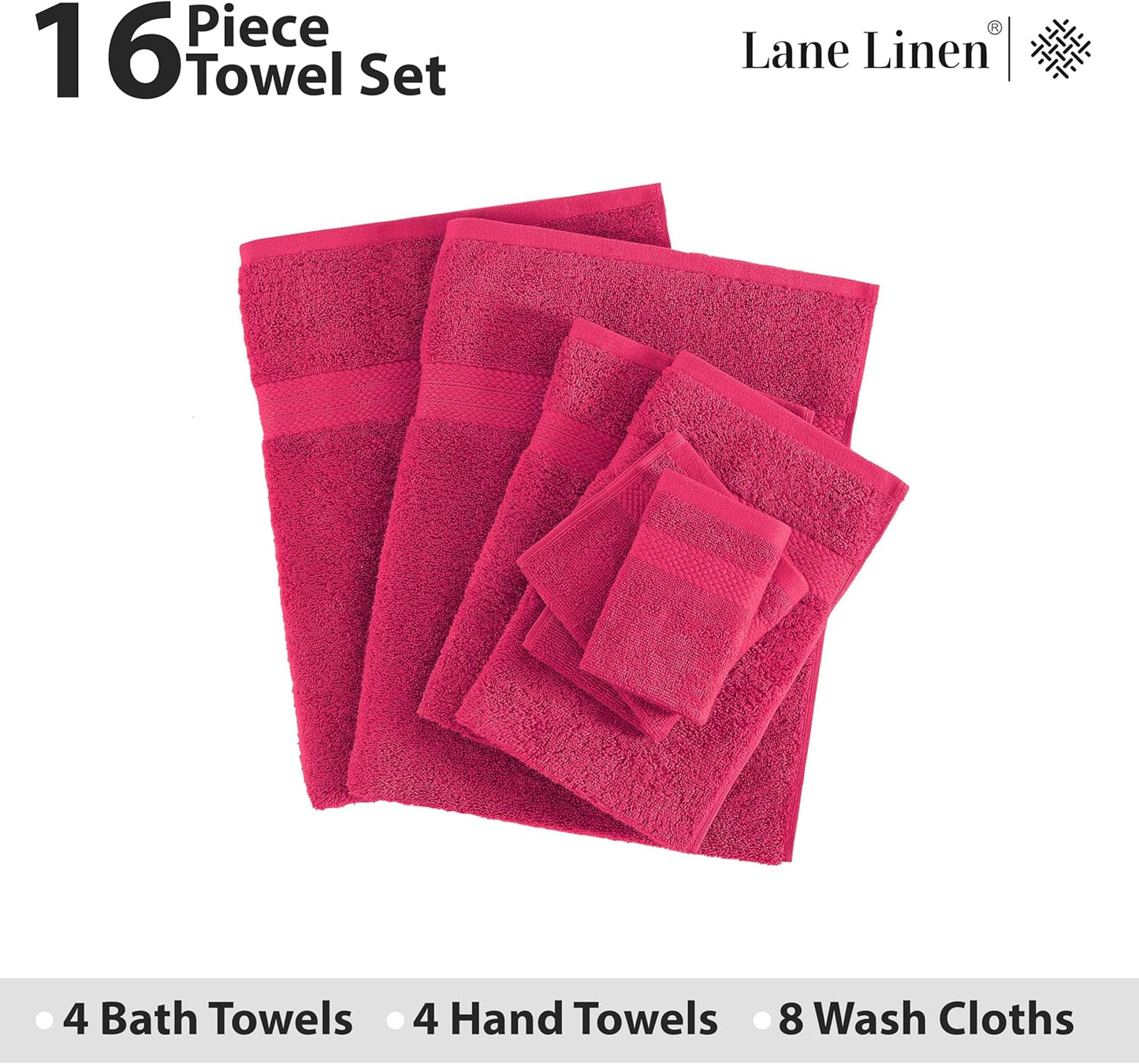 LANE LINEN 100% Mercerized Cotton Luxury Bathroom Towel Set - 16 Pcs - Premium Super Soft, Fluffy & Highly Absorbent - 4 Bath Towels, 8 Washcloths, 4 Hand Towels - Pre Shrunk, Pet Friendly - Fuschia