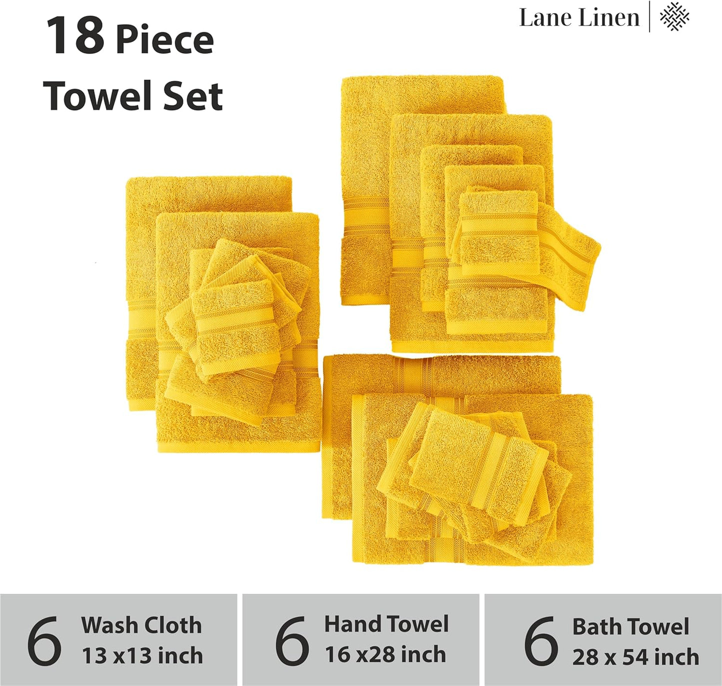 LANE LINEN 100% Cotton Luxury Bath Towel Set - 18 Pieces - Zero Twist, Ultra Soft, Quick Dry & Extra Absorbent - 6 Bath, 6 Washcloths, 6 Bathroom Hand Towels - Machine Wash in Cold Setting - Mimosa