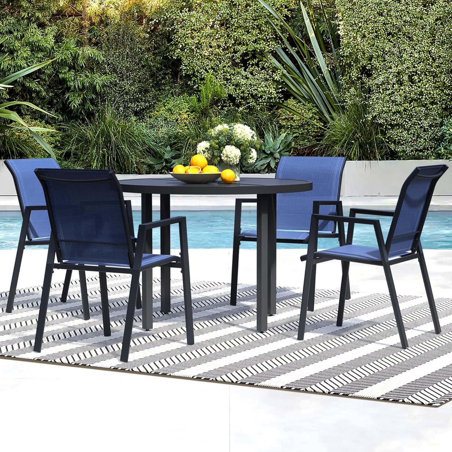5 Piece Outdoor Dining Set, Patio Table and Chairs Set of 4, 42" Black Round Patio Table with 4 Blue Stackable Patio Chairs for Lawn, Garden, Porch