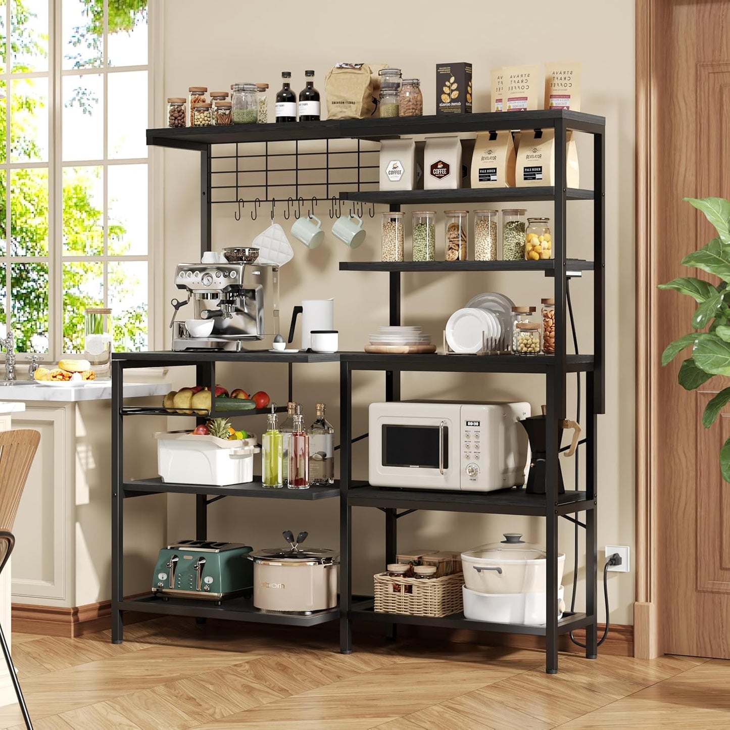 L-Shaped Bakers Rack with Power Outlet, 6-Tier Microwave Stand with Open Storage, Coffee Bar with Hooks, Mesh Grid, Kitchen Shelf with Wire Basket, Black