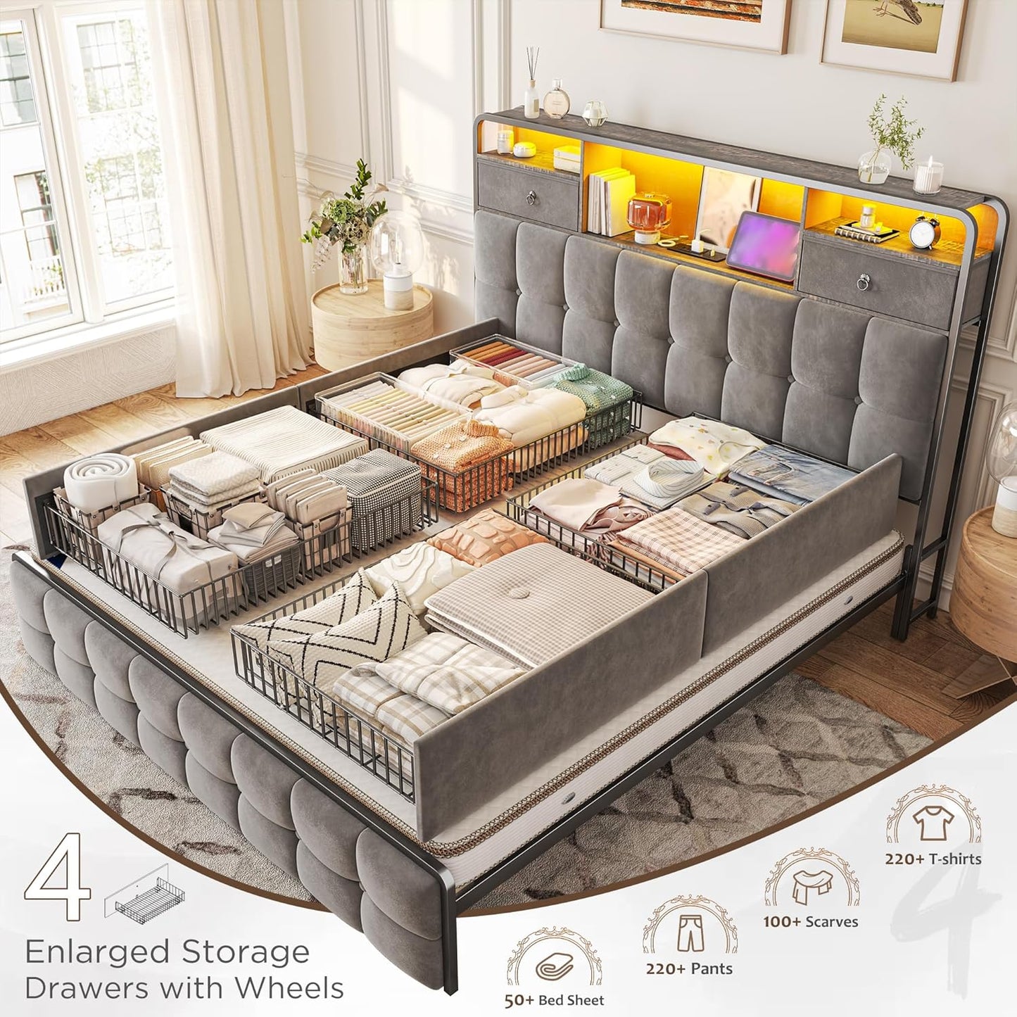 EnHomee Queen Bed Frame with Upholstered Headboard and 6 Storage Drawers,Camas Queen with LED Lights and Charging Station,no Box Spring Needed,No Noise, Easy Assembly,Velvet,Sturdy,Soft,Grey
