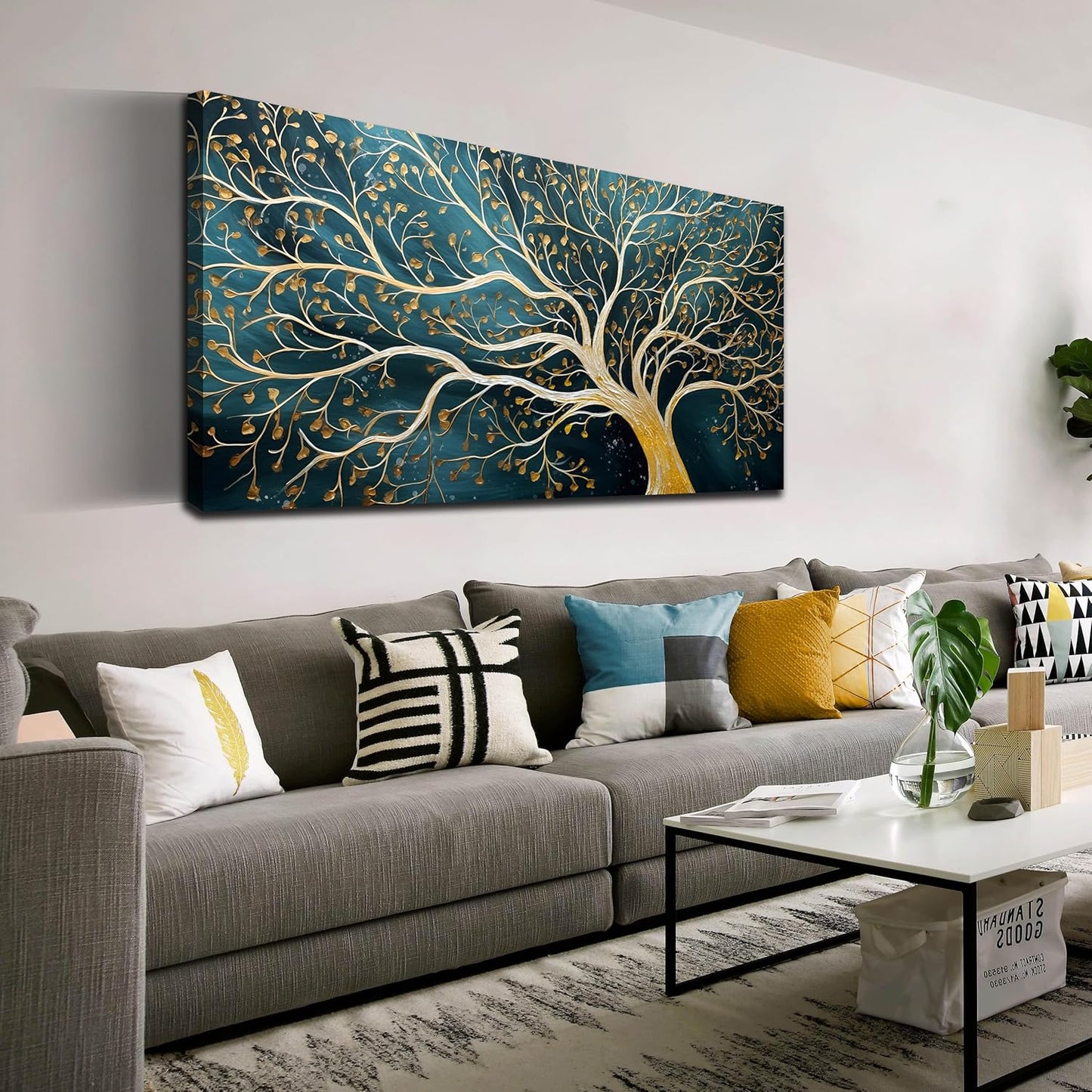 ENTANUB Tree Wall Art for Living Room, Gold and Green Abstract Wall Decor for Bedroom, Tree of Life Print Paintings Artwork, Size 24x48 Inches