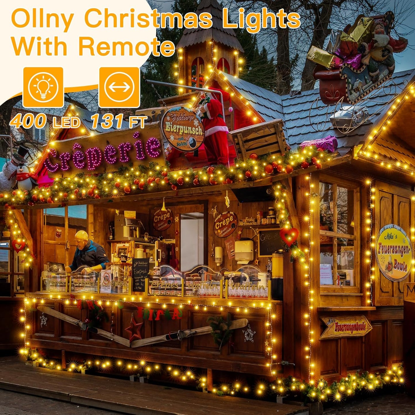 Ollny Christmas Lights Outdoor 400LED 131FT, Warm White Fairy Lights with Remote 3 Timer, Plug in 8 Modes String Lights for Bedroom Indoor Outside House Party Xmas Decorations