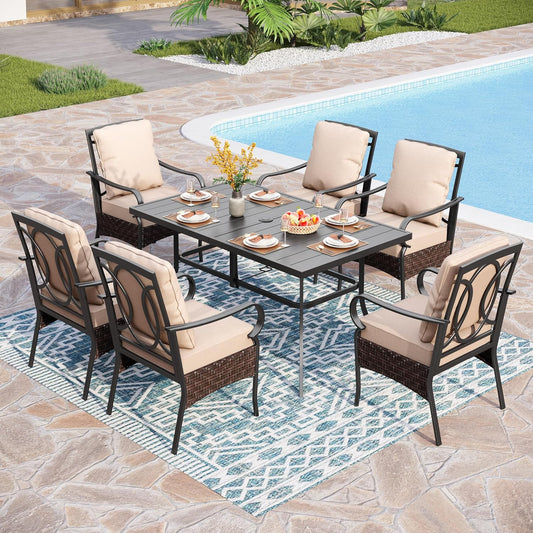 PHI VILLA Outdoor Dining Set for 6, All-Weather Patio Table and Chairs Set for 6, Heavy Duty Rectangle Patio Metal Table Set for Deck, 6 Extra Large Outdoor Swivel Chairs with Thick Cushions