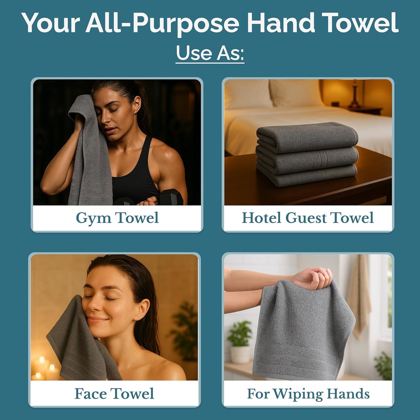 Casa Platino 100% Mercerized Cotton Hand Towels for Bathroom (16"x28") - Spa & Hotel Quality - Ring Spun - Quick Dry, Soft & Absorbent Bath Hand Towel Set of 6 - Pet Friendly, Pre Shrunk - Cool Grey