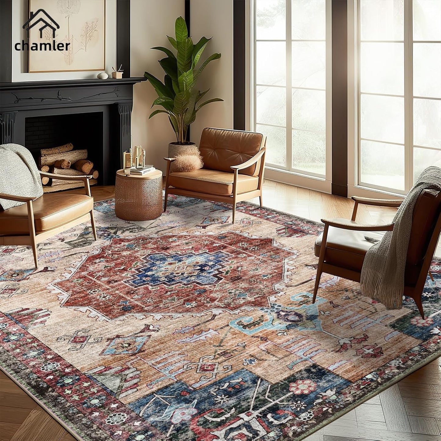 10'x14' Washable Area Rug Boho Chic Medallion Distressed Design Non-Shedding Easy Care Ideal for High Traffic Areas in Rugs for Living Room Bedroom Office Coffee Table Large Carpet