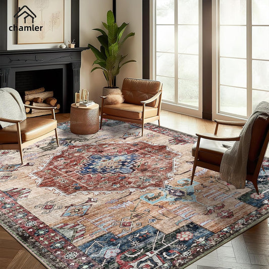 10'x14' Washable Area Rug Boho Chic Medallion Distressed Design Non-Shedding Easy Care Ideal for High Traffic Areas in Rugs for Living Room Bedroom Office Coffee Table Large Carpet