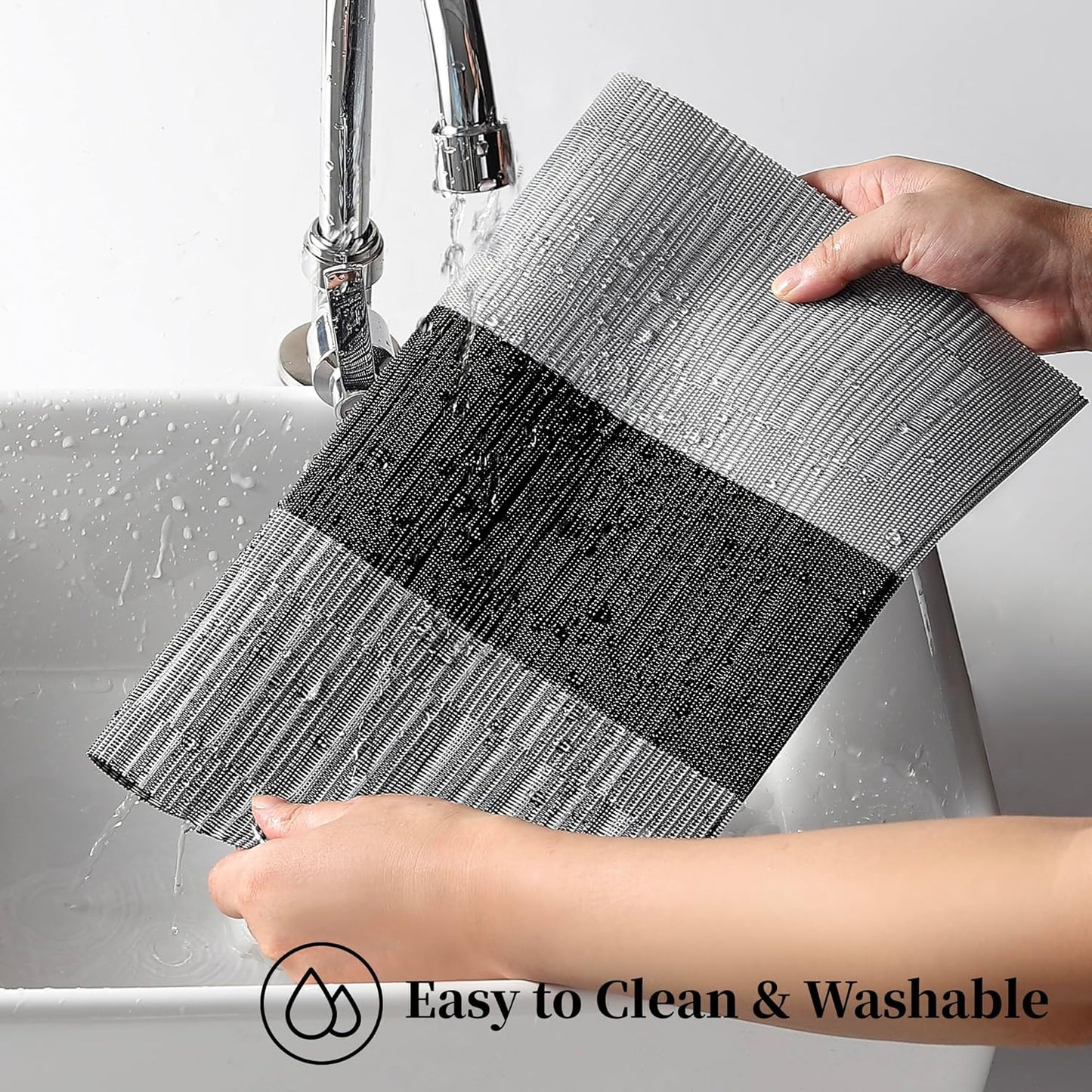 Leetaltree Grey with White Striped Placemats Set of 8 - Heat Resistant Non-Slip Place mats for Dining Table, Washable Durable PVC Vinyl Woven Table Mats（Grey Stripe, 8）