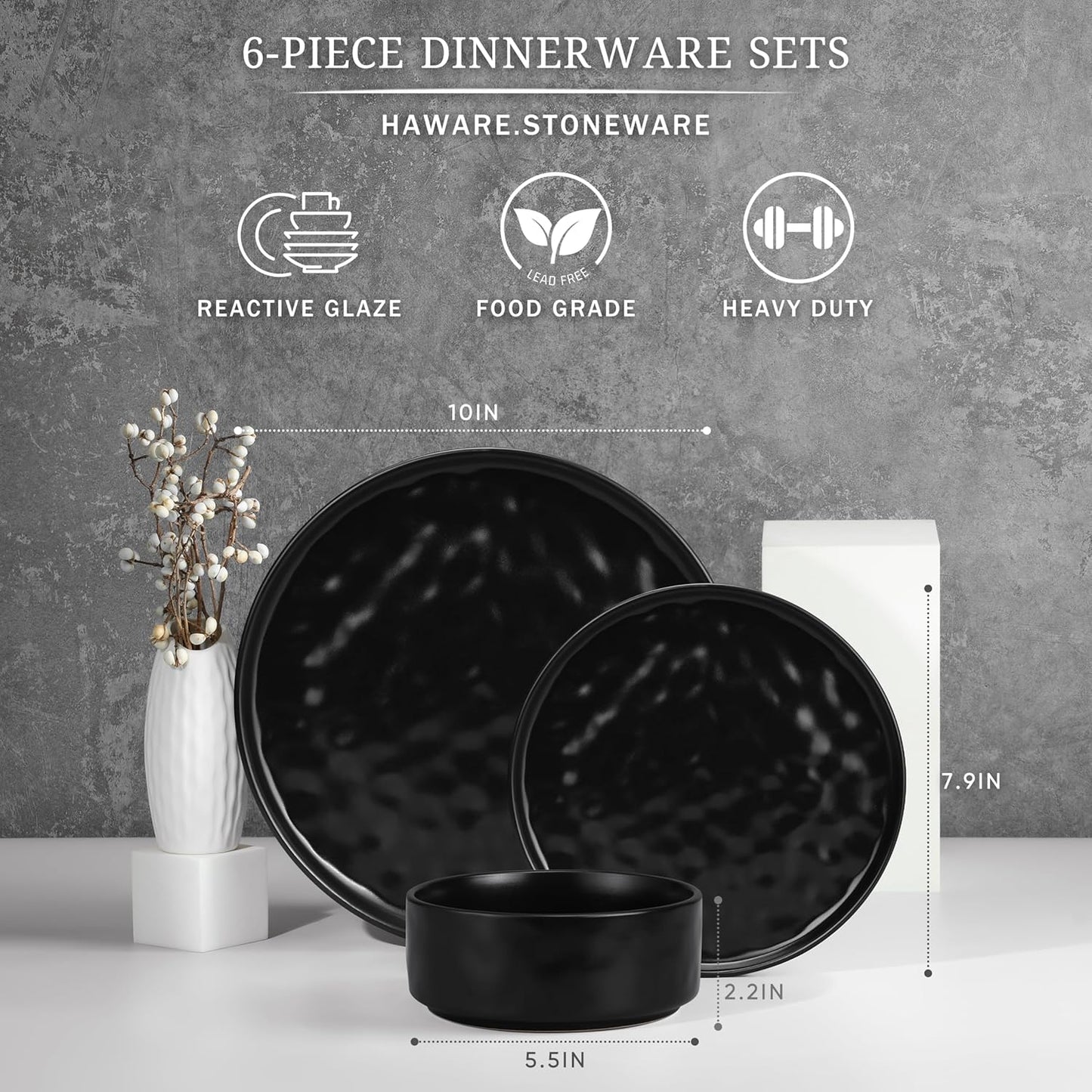 HaWare Dinnerware Sets, 6-Piece Plates and Bowls Set, Stoneware Dish Set for 2, Ceramic Dinnerware for Home Restaurant, Chip and Scratch Resistant, Microwave and Dishwasher Safe, Matte Black