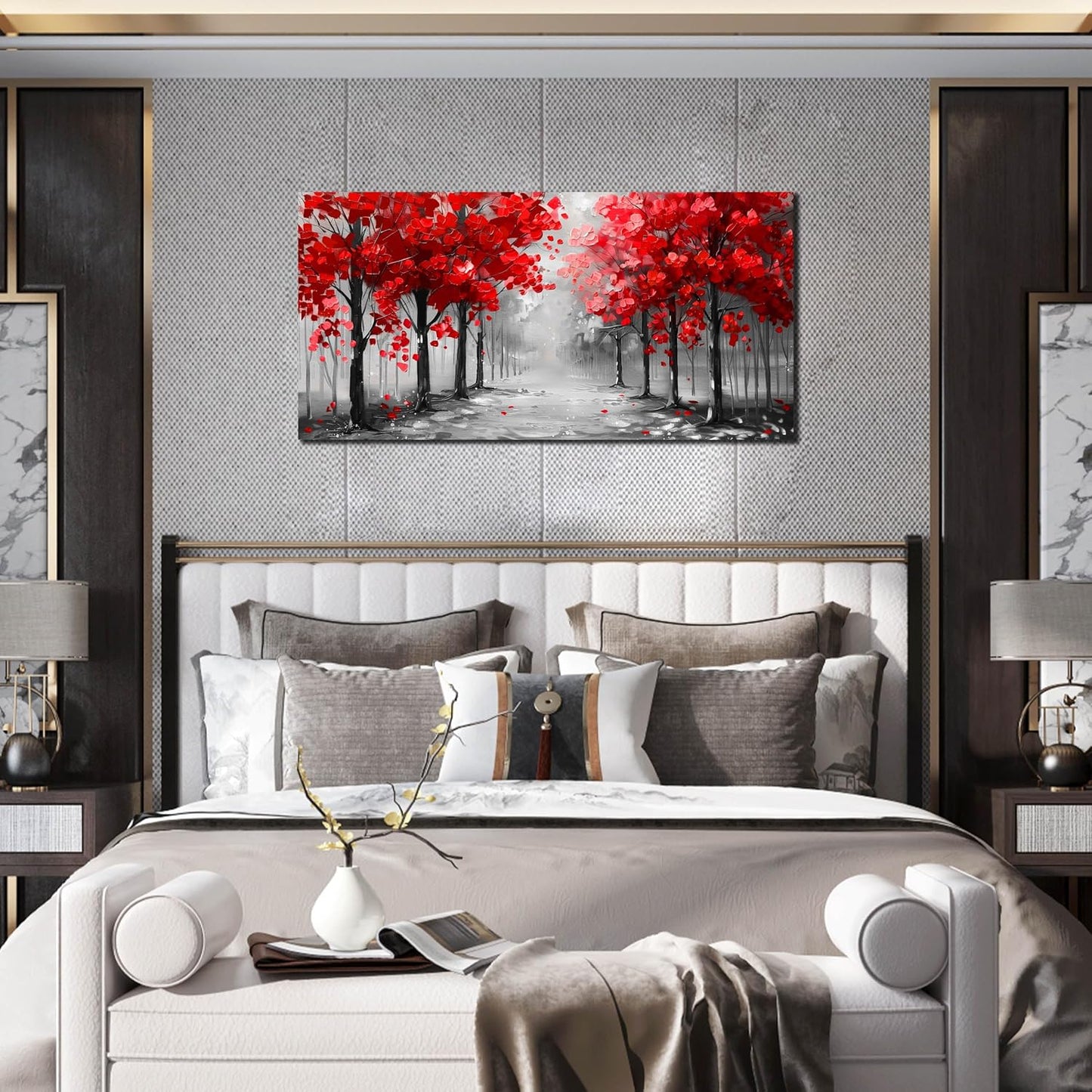 Tree Wall Art for Living Room, Black White and Red Canvas Wall-Decor for Bedroom, Size 20x40 Inches