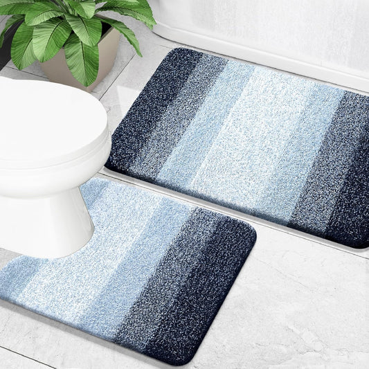 OLANLY Bathroom Rug Set 2 Piece, Soft Absorbent Microfiber Bath Mats and U-Shaped Contour Toilet Rug, Non-Slip, Machine Wash Dry, Plush Shaggy Bath Mats for Bathroom (24"x16"+24"x20", Dark Blue)