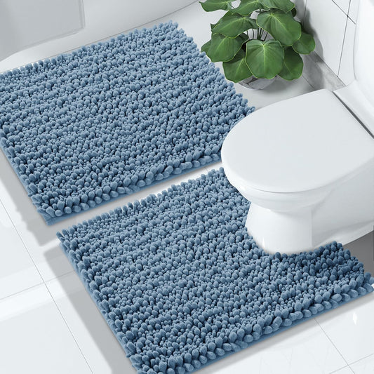 Yimobra Bathroom Rugs Sets 2 Piece - Quick Dry Extra Thick Luxury Chenille Bath Mat, Non Slip Super Absorbent for Tub Shower Sink, Machine Washable Shaggy Floor Mat, 24"x17+24"x20" Inch, Denim Blue