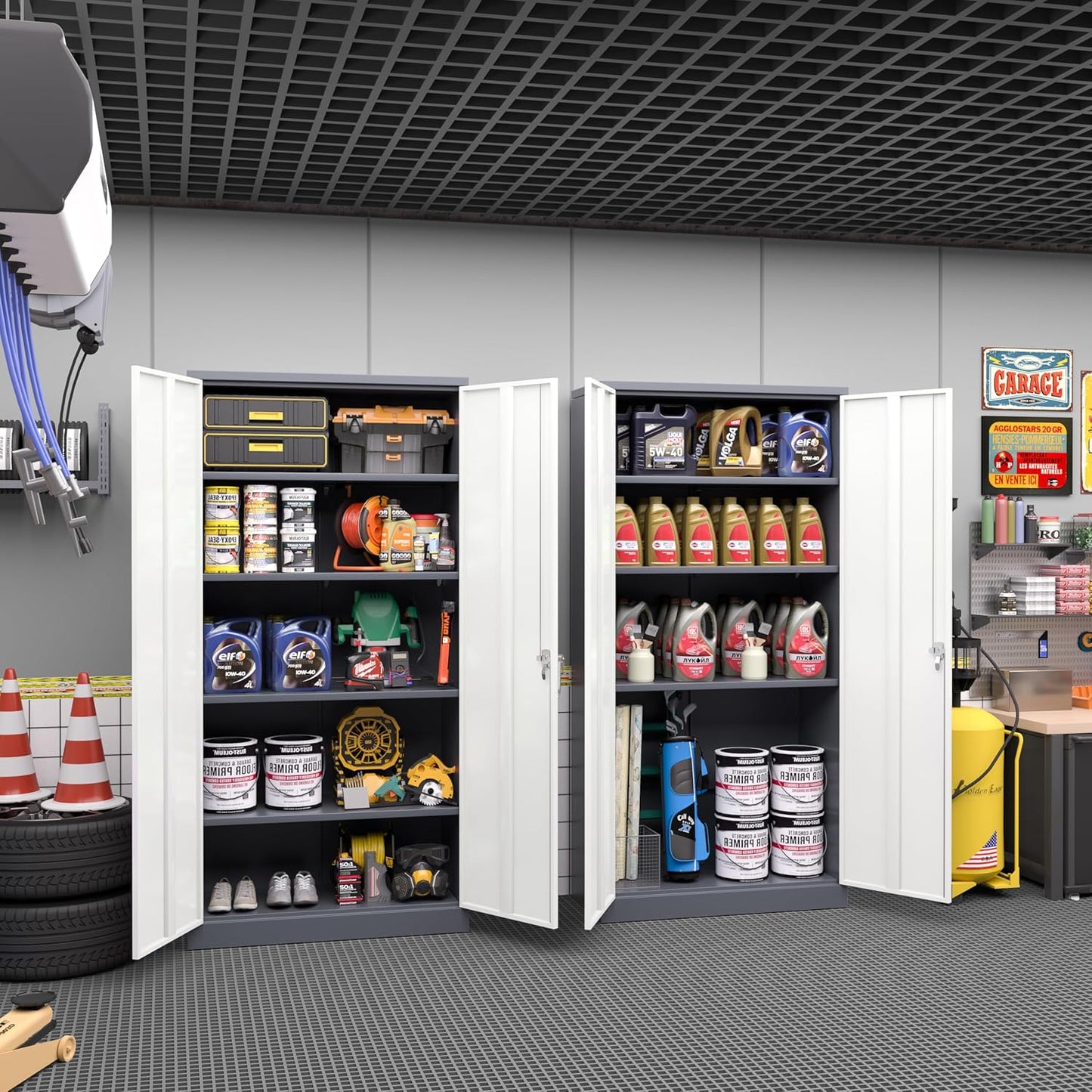 Greenvelly Metal Garage Storage Cabinet, Tall Locking Storage Cabinet with 2 Doors and 4 Adjustable Shelves, Steel Tool Cabinet, Lockable Filling Cabinet for Home, Office, Garage, School (Gray White)