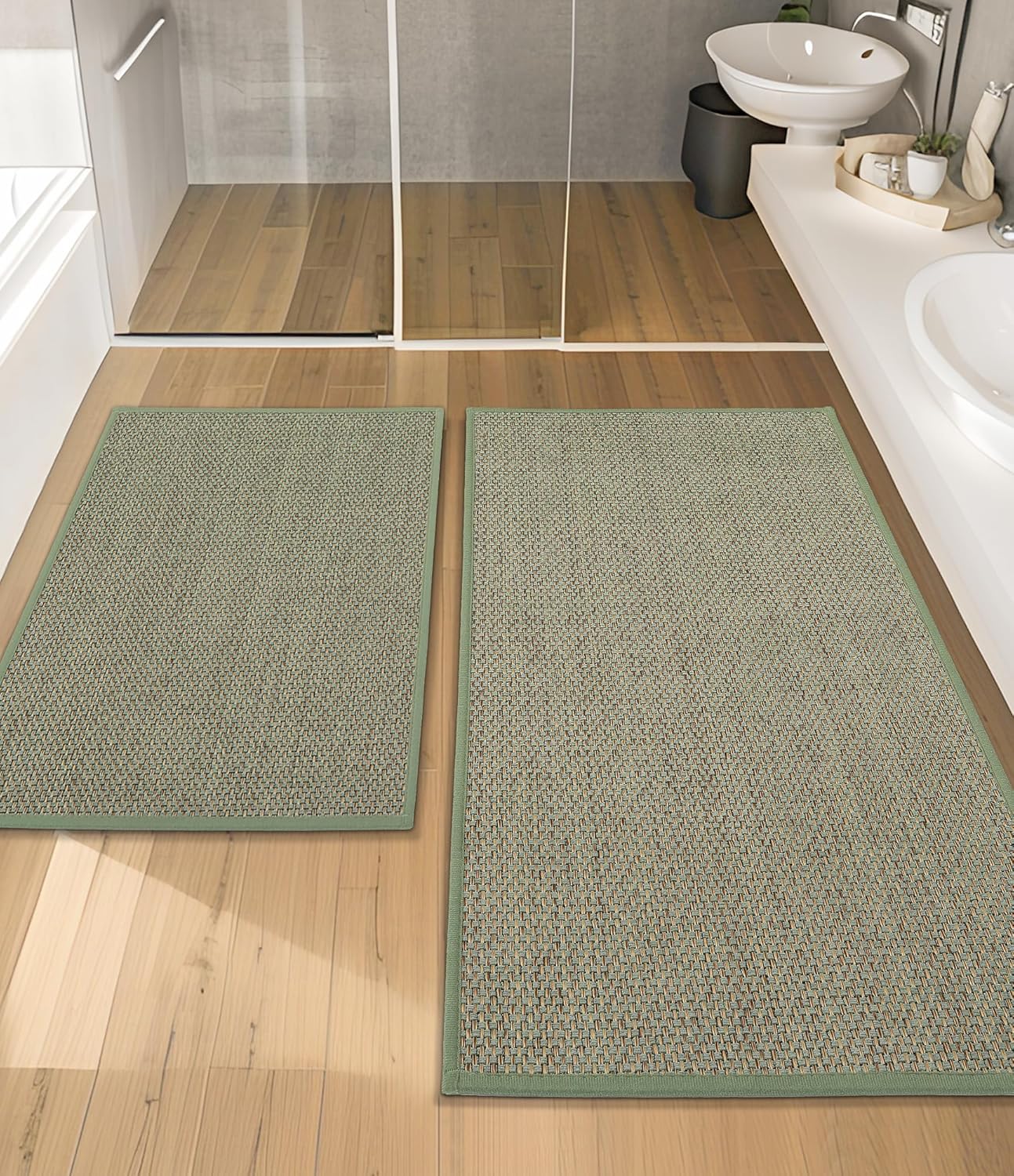 YIHOUSE Bathroom Rugs Sets 2 Pieces, Green Ultra Thin Bath Mats Fit Under Door, Absorbent Quickly Dry Rubber Backing Braided Bath Mat Set, Non Slip Washable Bath Rugs for Bathroom Floor, Green