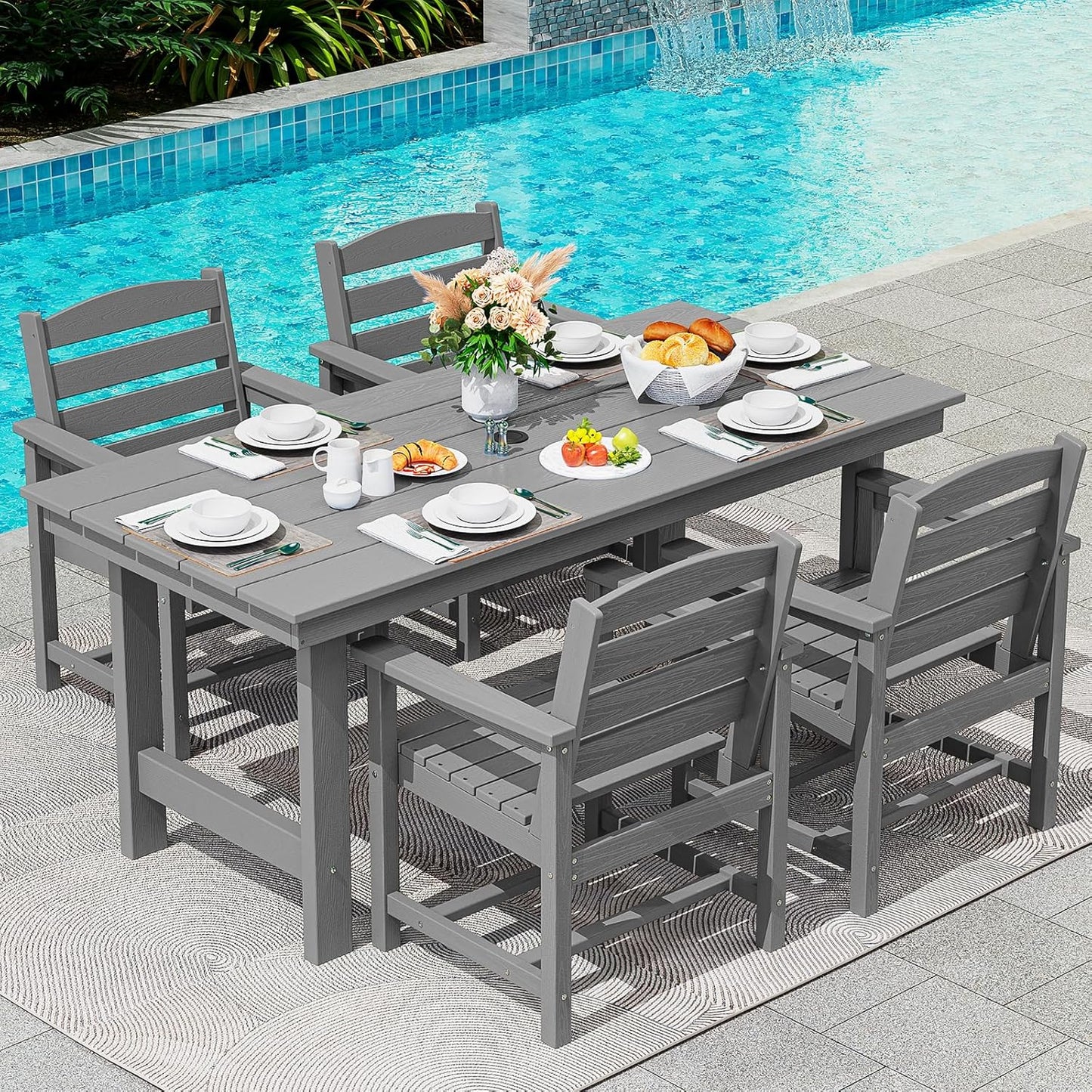 SERWALL Modern Patio Dining Set, 5-Piece Rectangular HDPE Dining Table with Umbrella Hole & 4 Chairs, Grey