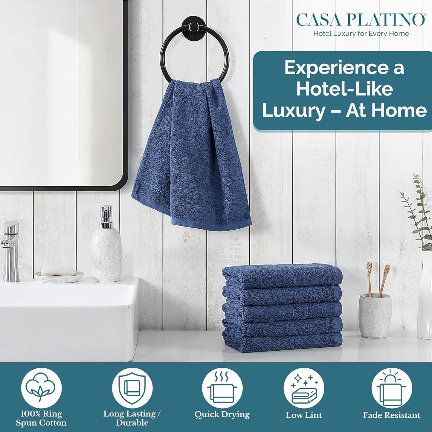Casa Platino Hand Towels Pack of 6 (16"x28") - Spa & Hotel Quality - 100% Luxury Cotton, Ring Spun - Quick Dry, Ultra Soft & Absorbent Bath Hand Towels for Bathroom & Salon - Pre Shrunk - Navy Blue