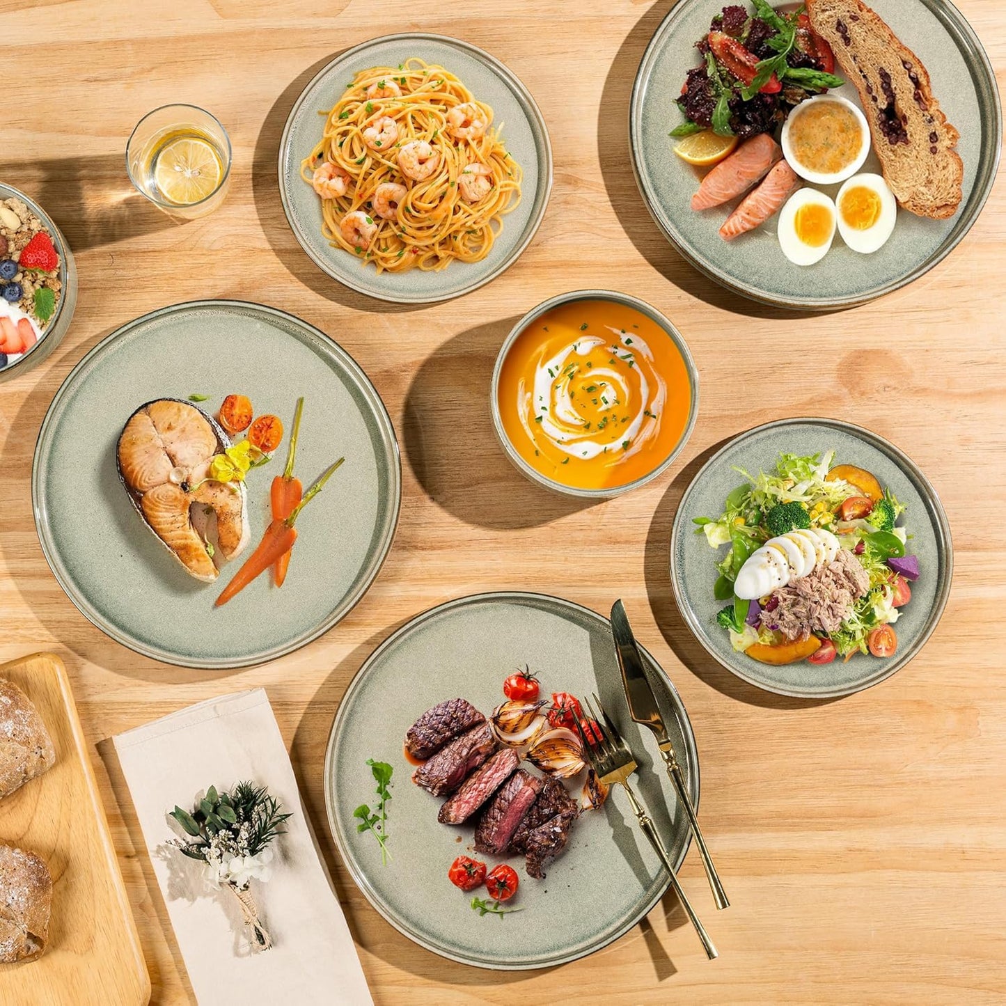 AmorArc Ceramic Dinnerware Sets, Handmade Reactive Glaze Stoneware Plates and Bowls Sets,Highly Chip and Crack Resistant | Dishwasher & Microwave Safe Dishes Set, Service for 6 (18pc)