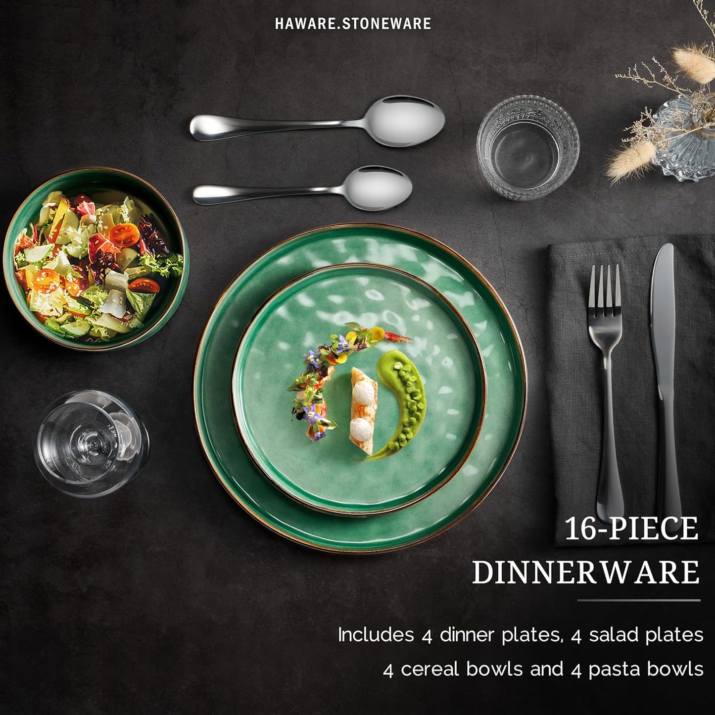 HaWare Dinnerware Sets, 16-Piece Plates and Bowls Set, Stoneware Dish Set for 4, Ceramic Dishware Set for Pasta Cereal, Chip and Scratch Resistant, Microwave and Dishwasher Safe, Reactive Green