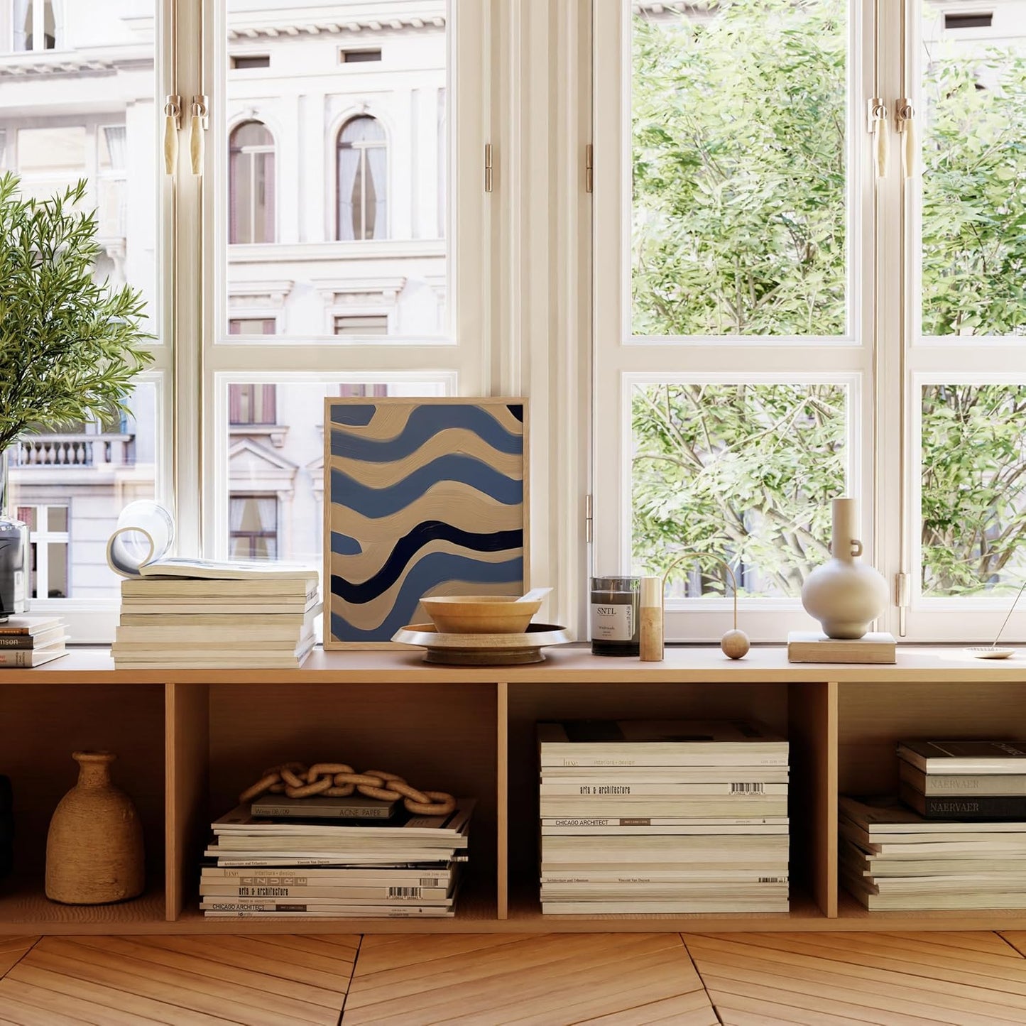 HAUS AND HUES Modern Abstract Wall Art - Blue and Green Living Room Art, Modern Artwork for Walls, Minimalist Picture for Living Room(Blue Abstract Pattern 4, Beige Frame, 16x20)