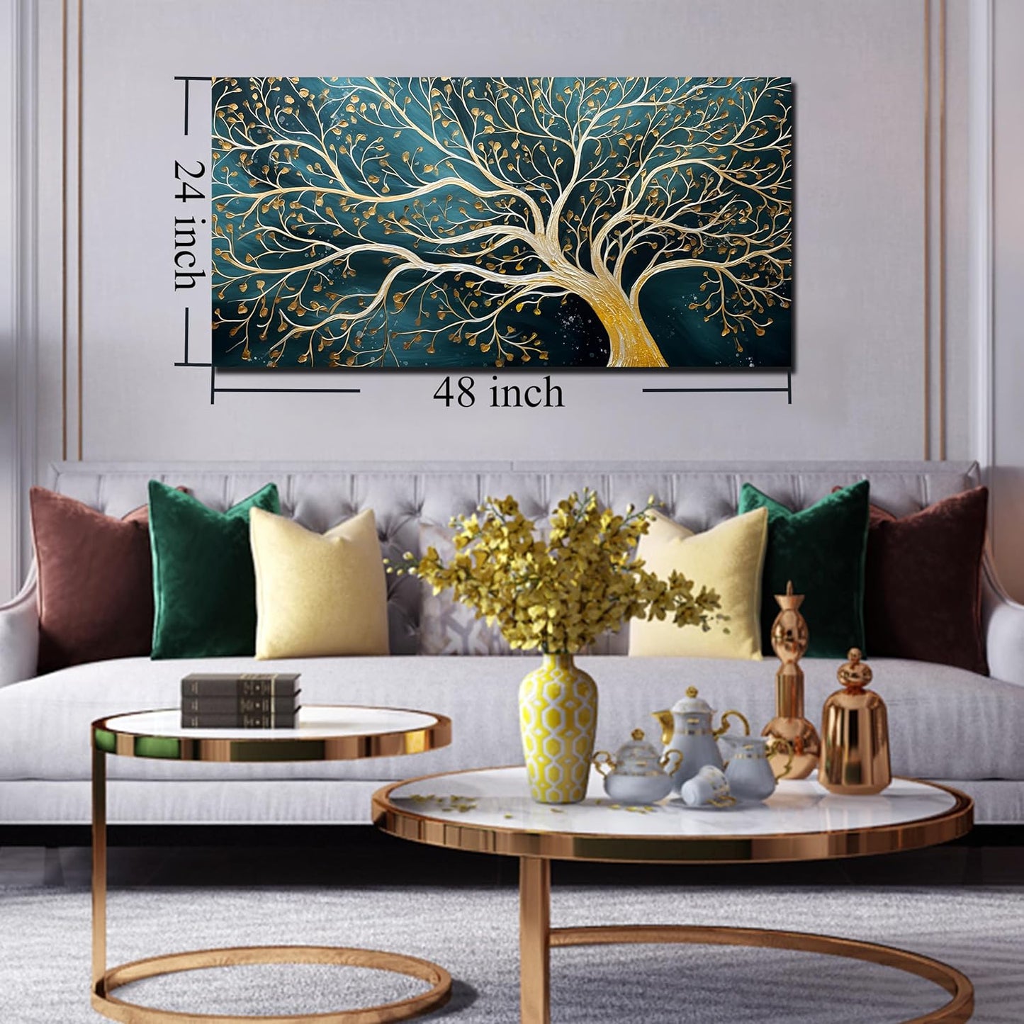 ENTANUB Tree Wall Art for Living Room, Gold and Green Abstract Wall Decor for Bedroom, Tree of Life Print Paintings Artwork, Size 24x48 Inches