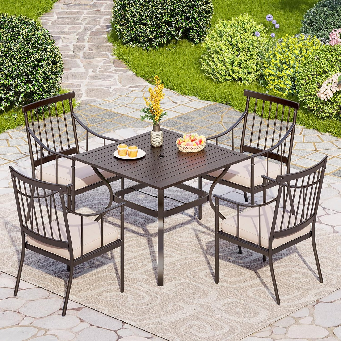 PHI VILLA 5 Piece Outdoor Dining Set with Cushion, 37” Square Metal Dining Table with Umbrella Hole & 4 Cushioned Steel Chairs for Patio, Deck, Yard