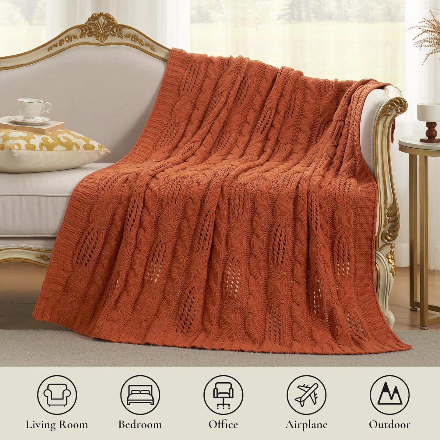 Amélie Home Chunky Knit Throw Blanket, Dual-Sided Soft Chenille Breathable Cable Knitted Blanket for Couch, Farmhouse Decorative Throw for Sofa & Chair, 60"x80", Burnt Orange