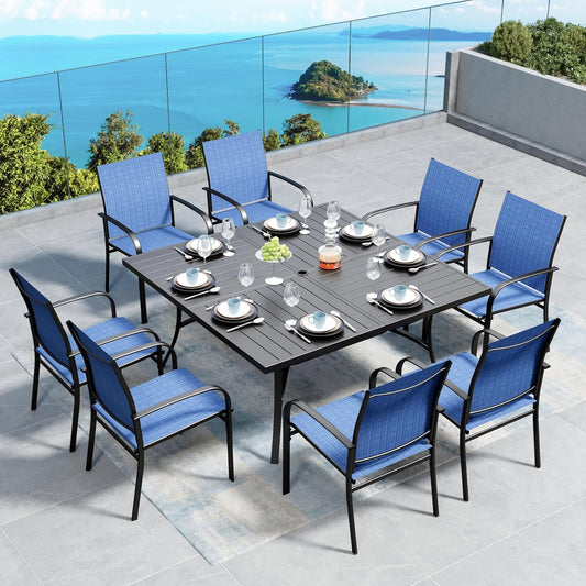 Patio Dining Set for 8, 60" x 60" Square Metal Table with Umbrella Hole, 8 x Stable Dining Chairs, Outdoor Table and Chairs Set for Lawn Backyard and Deck, Blue