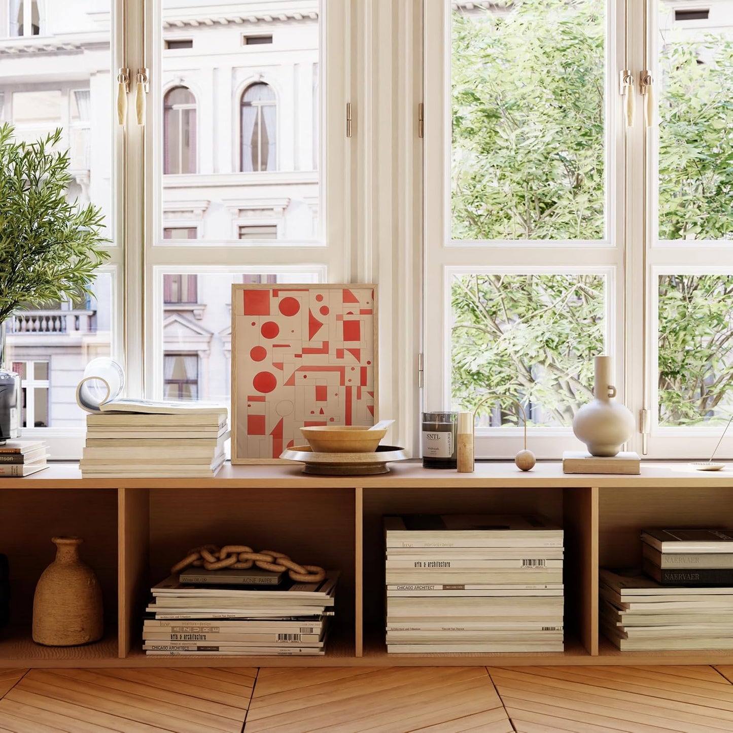 HAUS AND HUES Colorful Abstract Wall Art - Minimalist Retro Picture for Living Room Decor, Red and Pink Modern Wall Art Painting (Red Geometric, Beige Frame, 16x20)