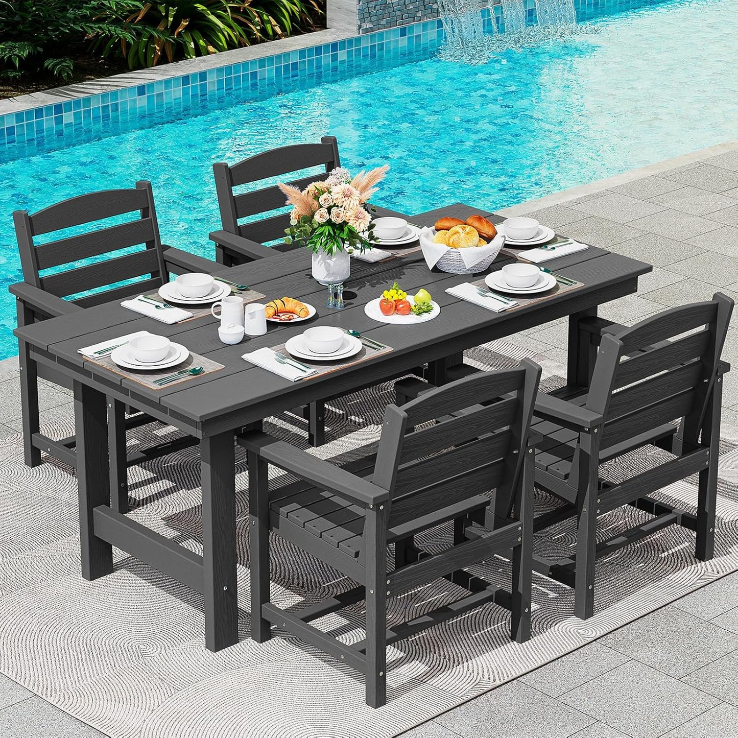 SERWALL Patio Dining Table Sets 5-Piece, Outdoor HDPE Dining Furniture Set with Umbrella Hole Cut-Out Table and 4 Chairs, All Weather Dining Set for Lawn, Garden, Backyard, Poolside, Black