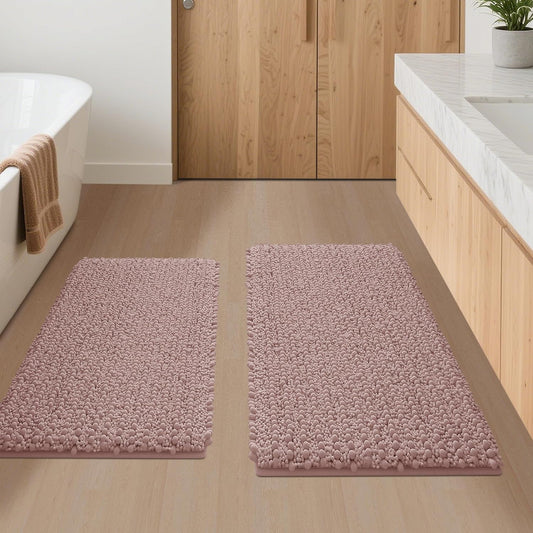 ACCUMTEK Upgrade Luxury 2 Piece Dusty Pink Toilet Bathroom Rug Mat 32"x20"+24"x17", Ultra Soft Thick Absorbent Bath Mats, Non Slip Chenille Toilet Mat for Bathroom, Bedroom, Kitchen, Shower, Tub