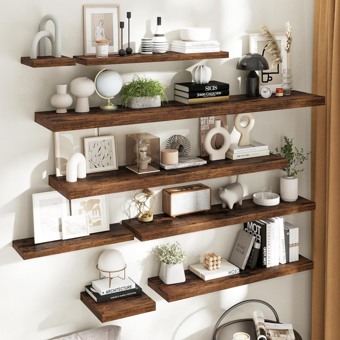 Floating Shelves for Wall with Invisible Brackets, Wall Mounted Engineered Wood Shelves with Wood Grain for Living Room, Bathroom, Kitchen Decor and Storage, Oak, 55"L Set of 2, Rustic Brown