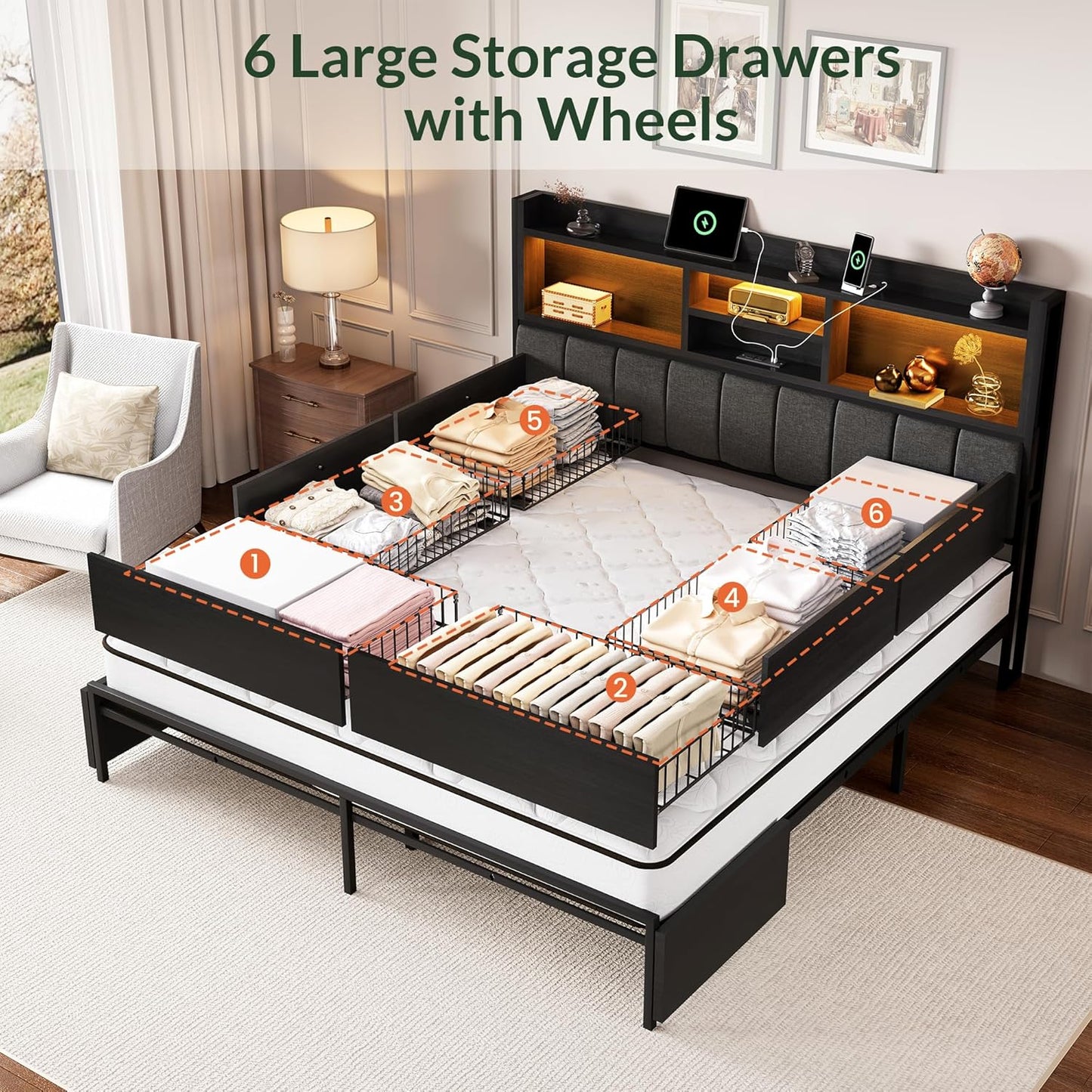 LARMACE Queen Bed Frame with 6 Storage Drawers, Bed Frame Queen Size with Linen Upholstered Headboard, Built in Charging Station and LED, No Noise, Metal Support, No Box Spring Needed,Vintage Black