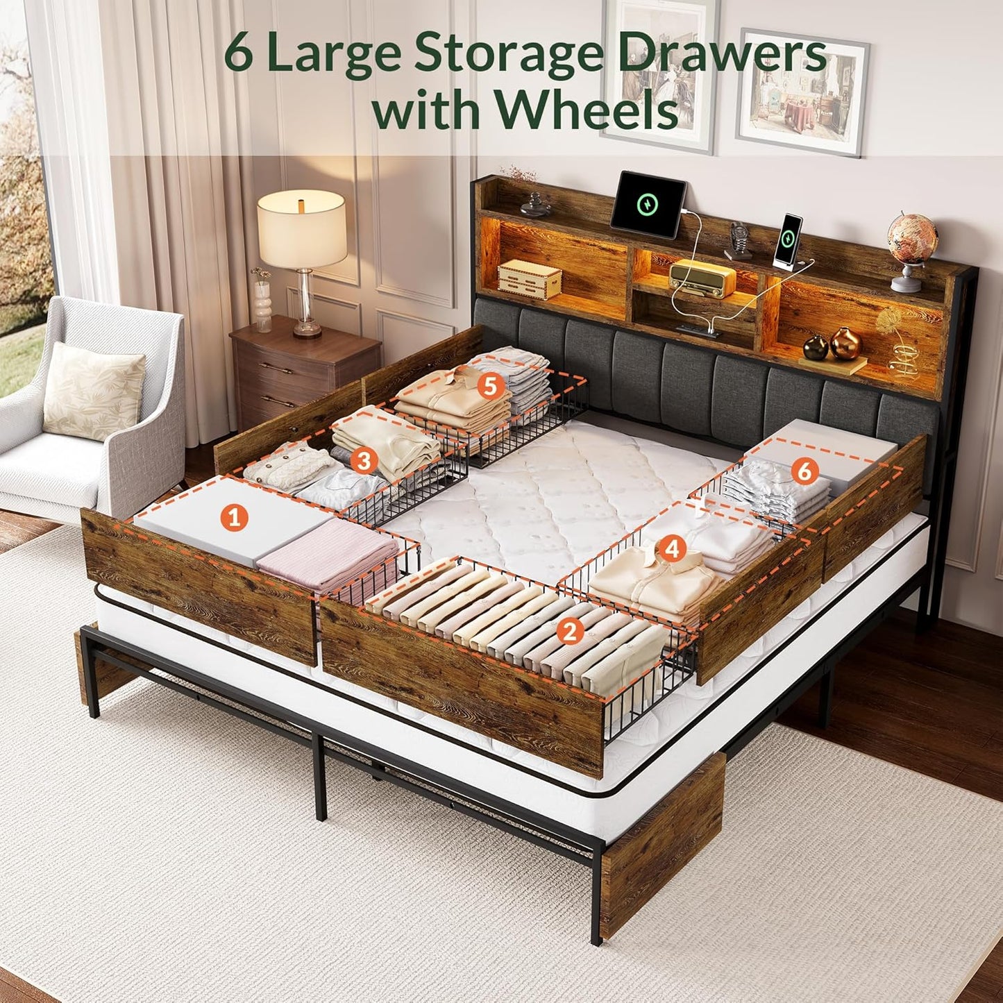 LARMACE Queen Bed Frame with 6 Storage Drawers, Bed Frame Queen Size with Linen Upholstered Headboard, Built in Charging Station and LED, No Noise, Metal Support, No Box Spring Needed,Vintage Brown