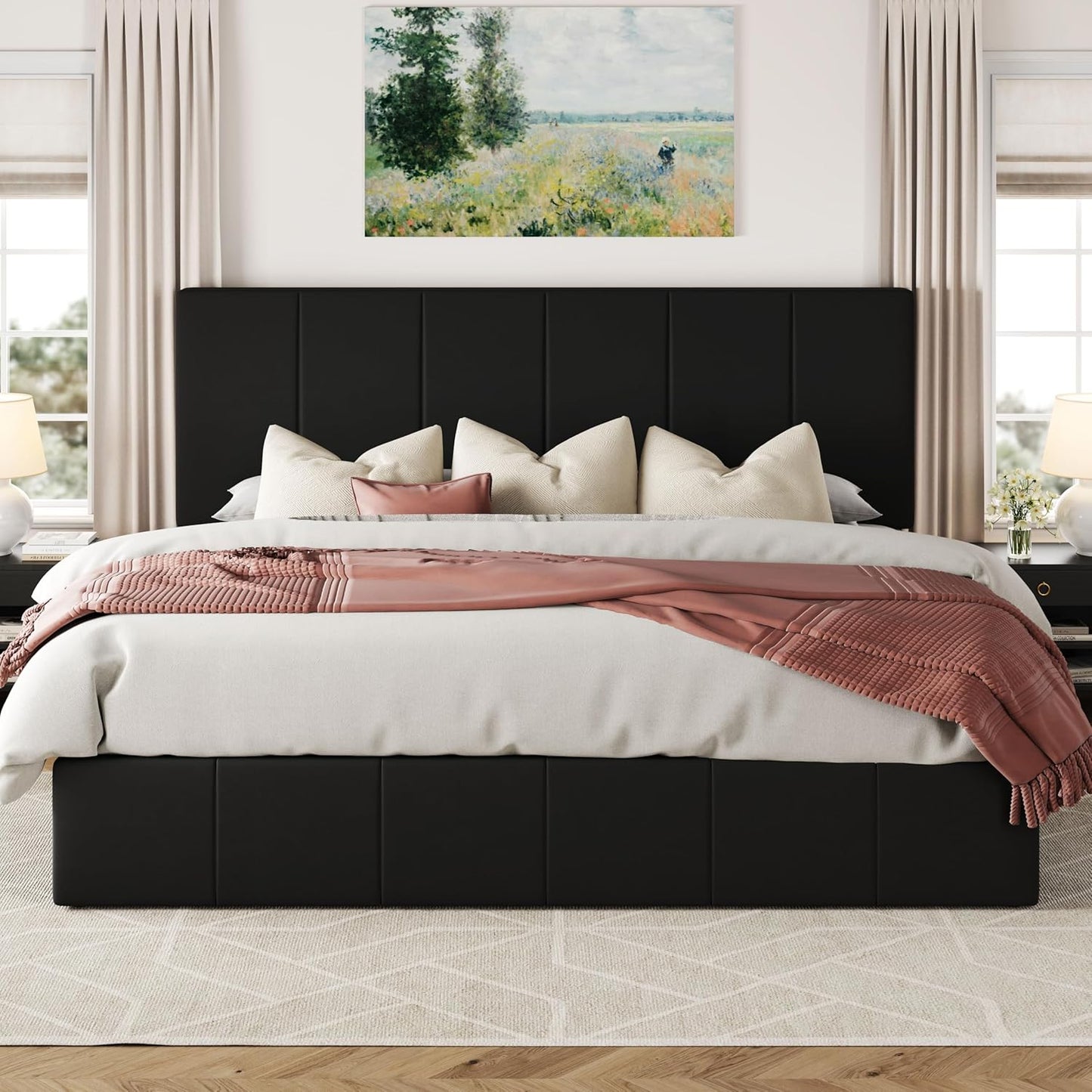 Allewie King Size Velvet Lift Up Storage Bed Frame, Vertical Channel Tufted Headboard, Hydrualic Underneath Storage, Upholstered Platform Bed, Wooden Slats Support, No Box Spring Needed, Black