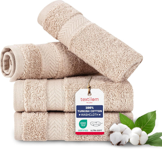 TEXTILOM Washcloths for Body and Face – Hotel and Spa Quality & Soft & Absorbent & Quick Dry Wash Cloths for Your Body – 100% Turkish Cotton Wash Clothes Towel Set of 4 (13 x 13 inches) - Beige